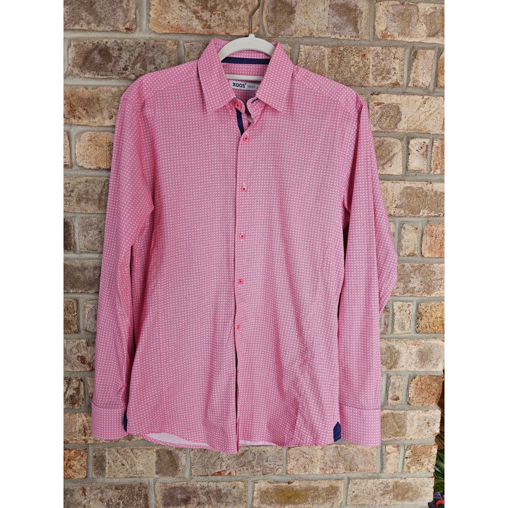 XOOS Trendy 2 Mens‎ Pink Geometric Print Long Sleeve Button Up Dress Shirt Small